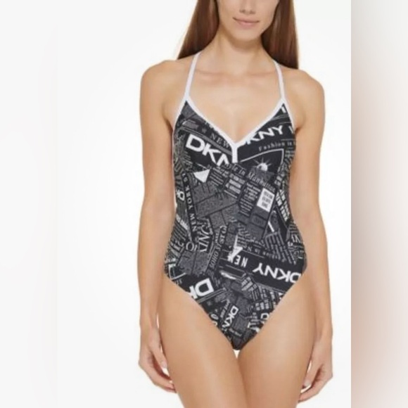 DKNY women’s NEWSPRINT BLACK WHITE Graphic T-Back One-Piece Swimsuit size M NEW - Picture 1 of 6